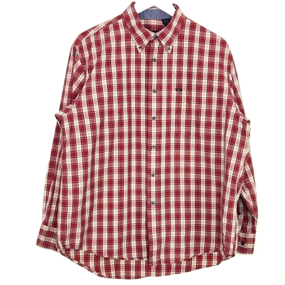 IZOD Shirt 100% Cotton Red Plaid Long Sleeve Casual Button Up Men's Size L